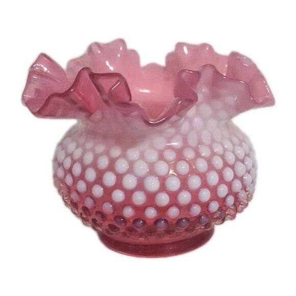 VTG Fenton Cranberry Opalescent Hobnail Rose Bowl Vase MCM Decor Gift - Picture 1 of 9